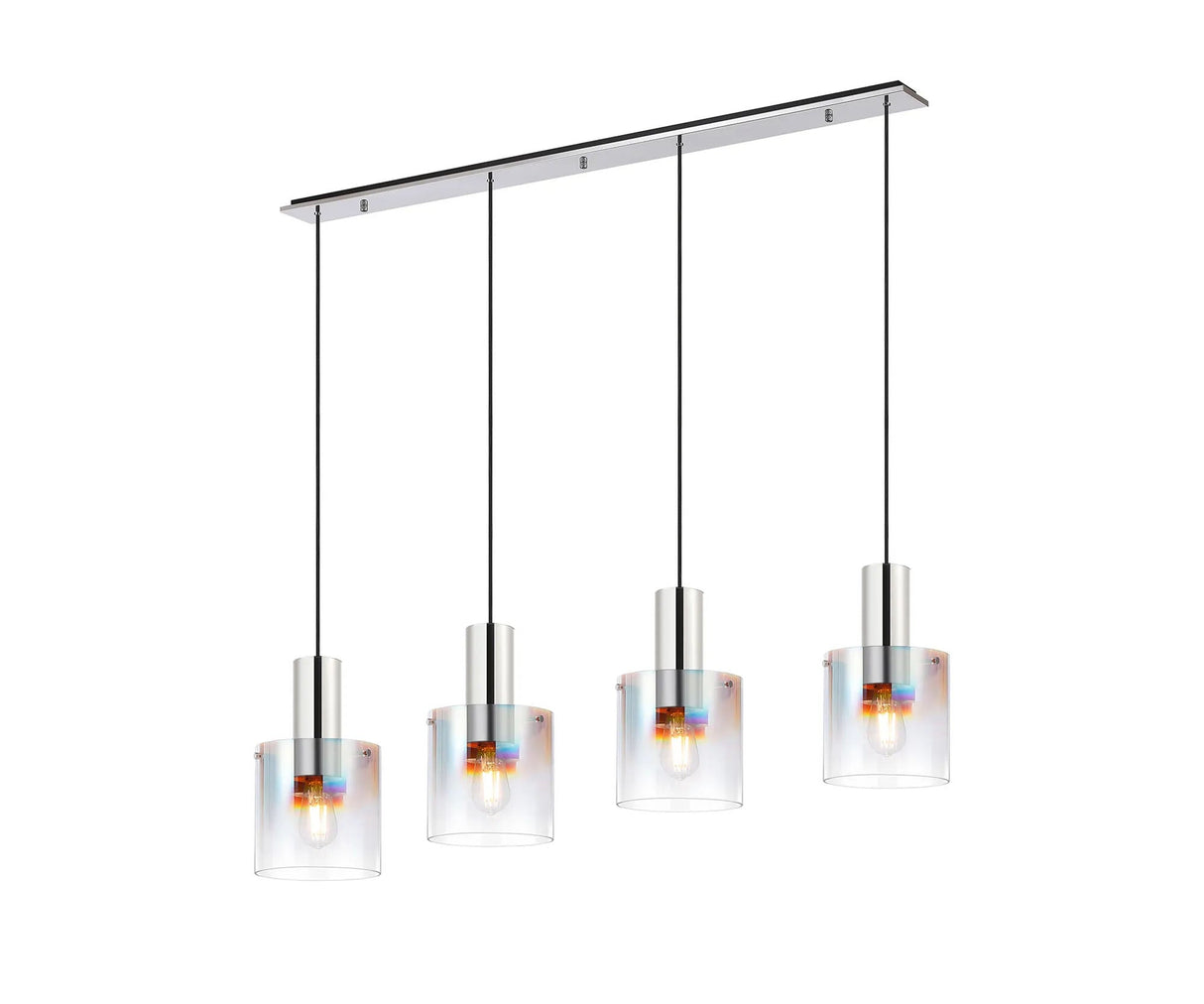 Chisholm Linear Pendant, 4 Light Adjustable E27, Polished Nickel/Black/Iridescent Fade Glass