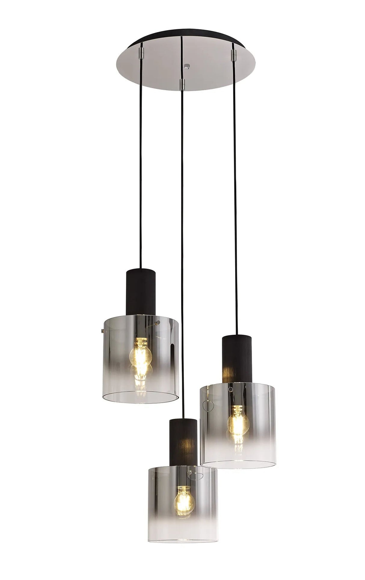 Chisholm Round Pendant, 3 Light Adjustable E27, Black/Smoke Fade Glass