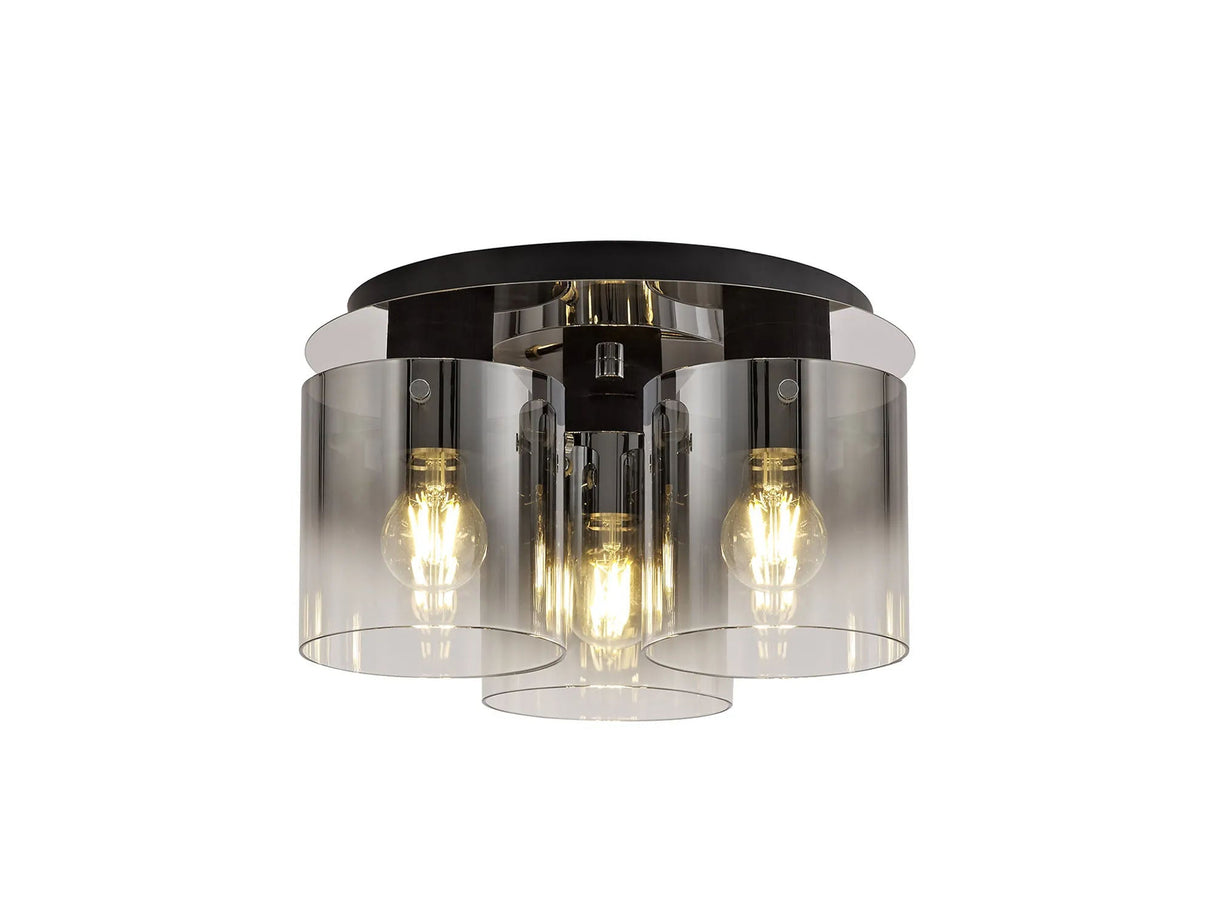 Chisholm Round Ceiling Flush, 3 Light Flush Fitting, Black/Smoke Fade Glass