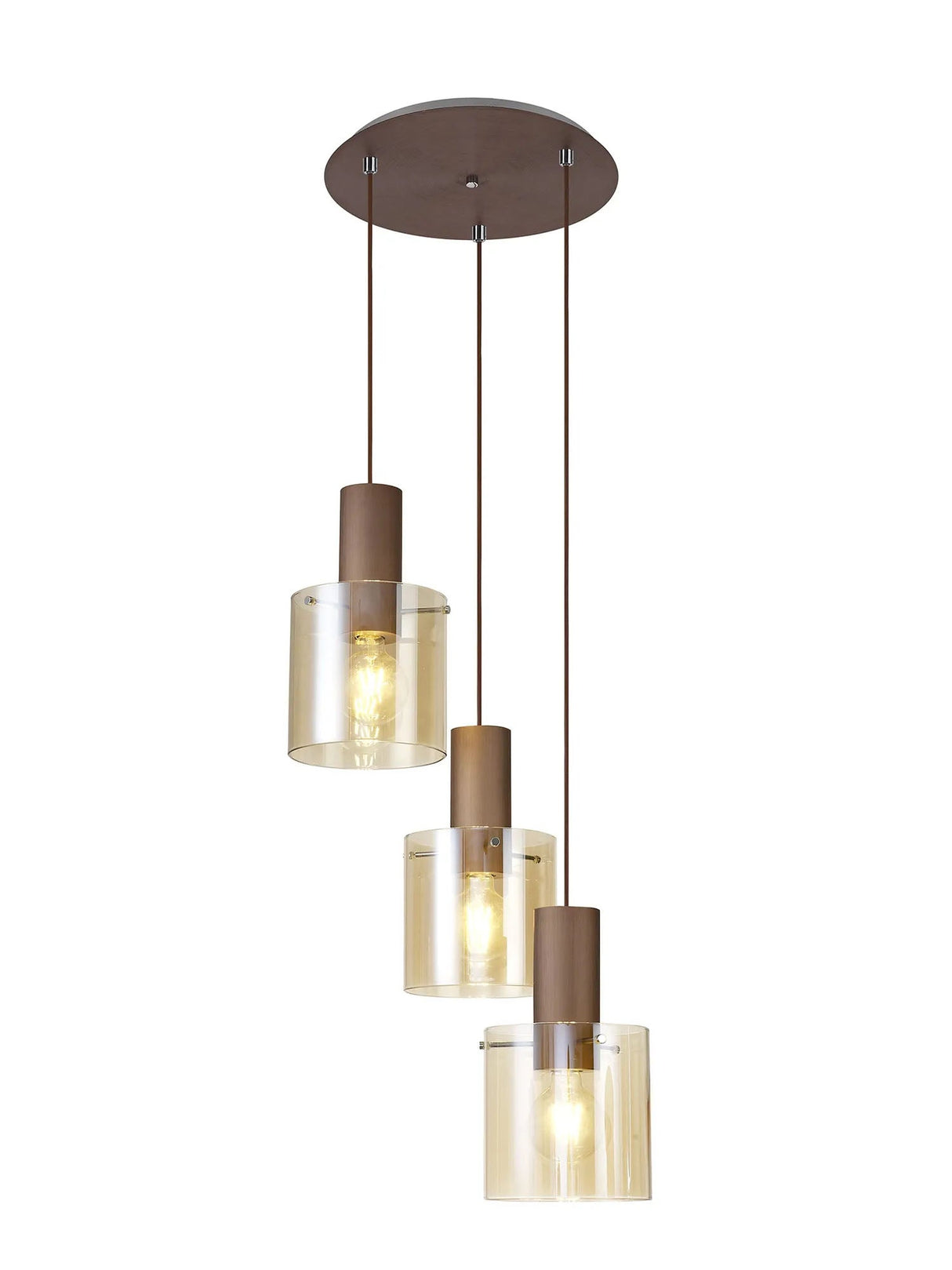 Chisholm Round Pendant, 3 Light Adjustable E27, Mocha/Amber Glass
