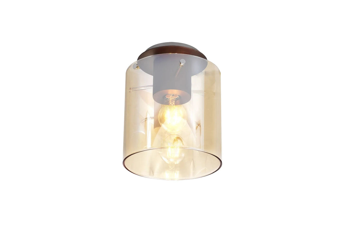Chisholm Round Ceiling Flush, 1 Light Flush Fitting E27, Mocha/Amber Glass