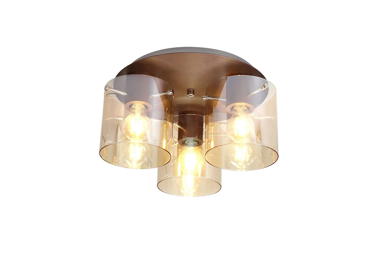 Chisholm Round Ceiling Flush, 3 Light Flush Fitting, Mocha/Amber Glass