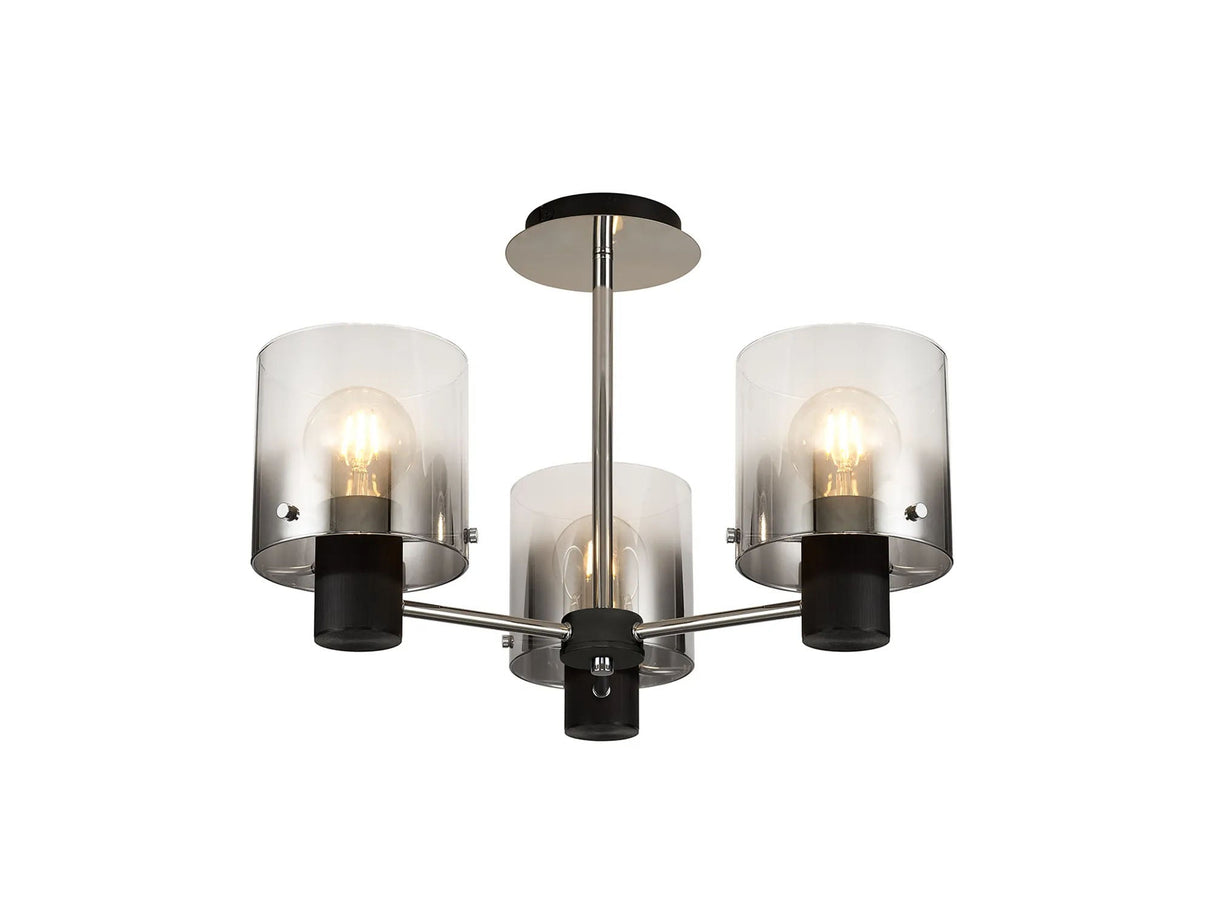 Chisholm Semi Flush Light, 3 x E27, Black/Smoke Fade Glass