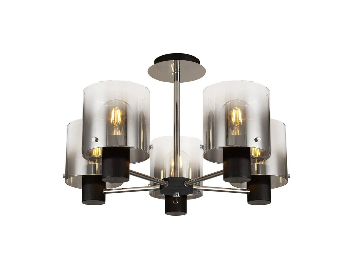 Chisholm Semi Flush Light, 5 x E27, Black/Smoke Fade Glass