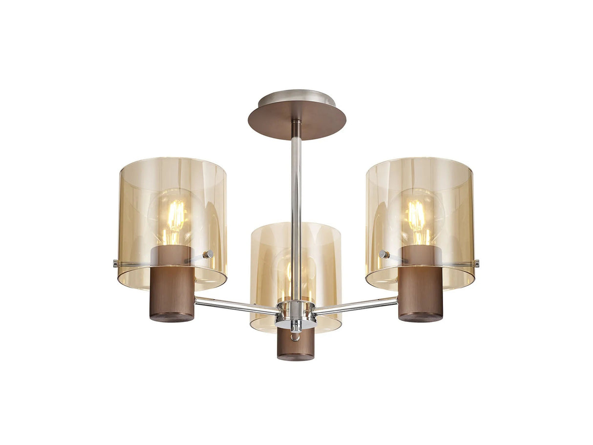 Chisholm Semi Flush Light, 3 x E27, Mocha/Amber Glass