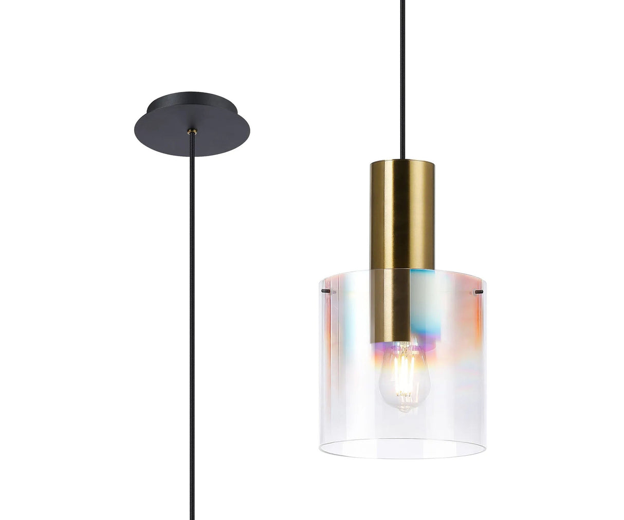 Chisholm 20cm Single Pendant, 1 Light Adjustable E27, Brass/Sand Black/Iridescent Fade Glass