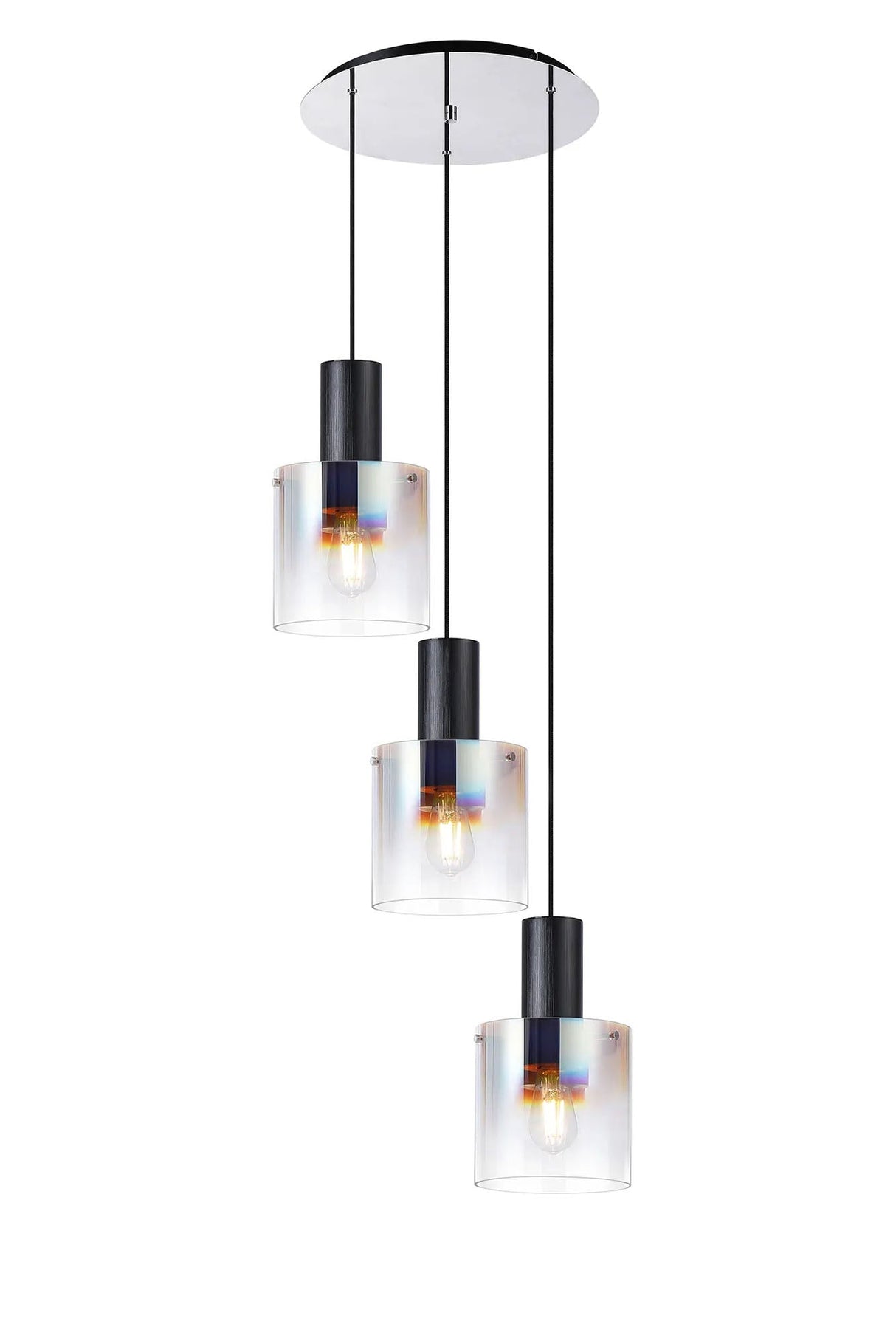 Chisholm Round Pendant, 3 Light Adjustable E27, Black/Iridescent Fade Glass