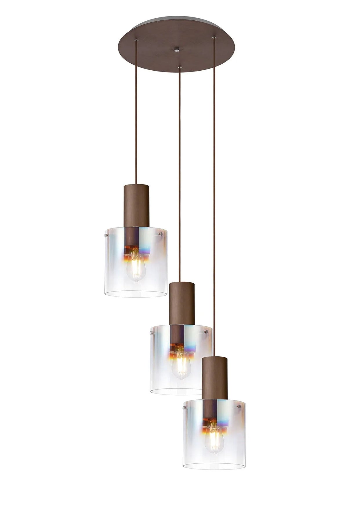 Chisholm Round Pendant, 3 Light Adjustable E27, Mocha/Iridescent Fade Glass