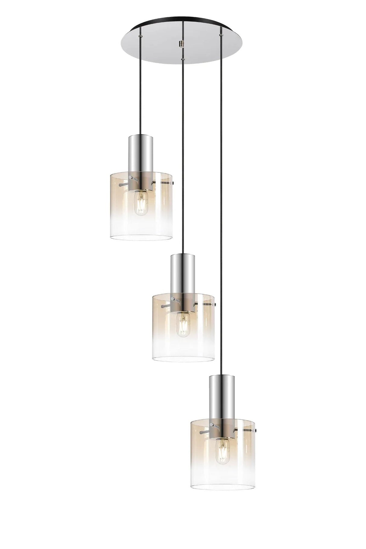 Chisholm Round Pendant, 3 Light Adjustable E27, Polished Nickel/Black/Amber Fade Glass