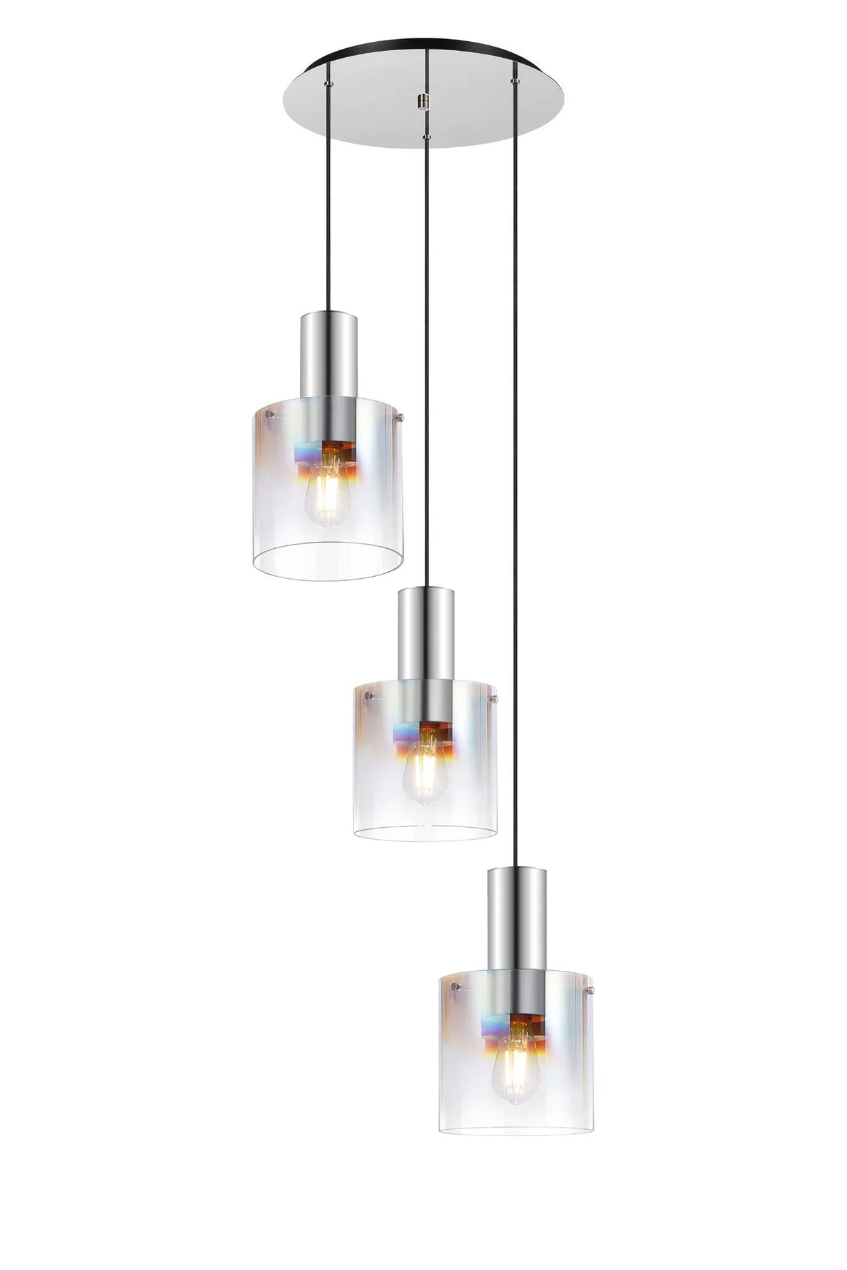 Chisholm Round Pendant, 3 Light Adjustable E27, Polished Nickel/Black/Iridescent Fade Glass