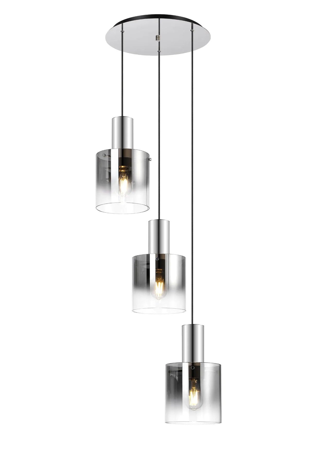 Chisholm Round Pendant, 3 Light Adjustable E27, Polished Nickel/Black/Smoke Fade Glass