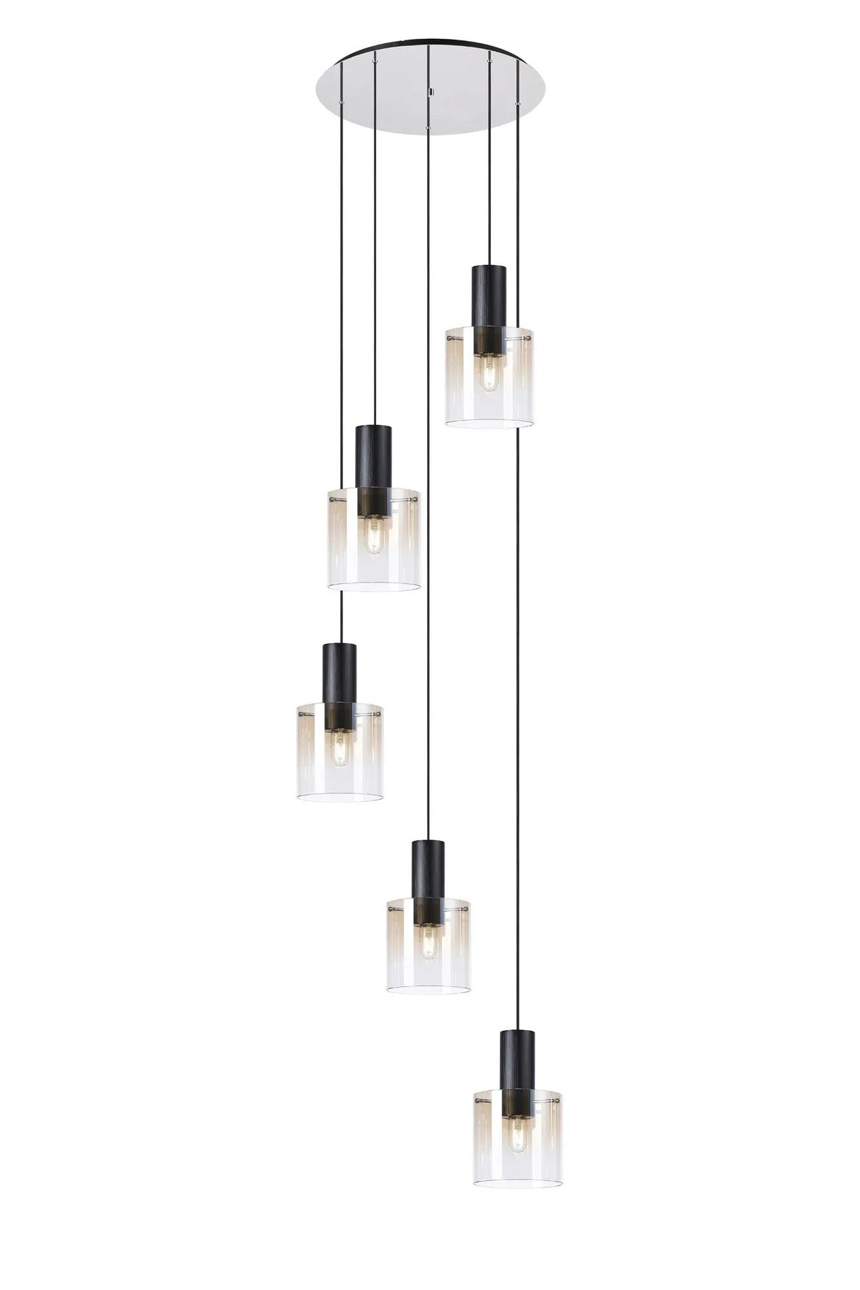 Chisholm 65cm Round Pendant, 5 Light Adjustable E27, Black/Amber Fade Glass