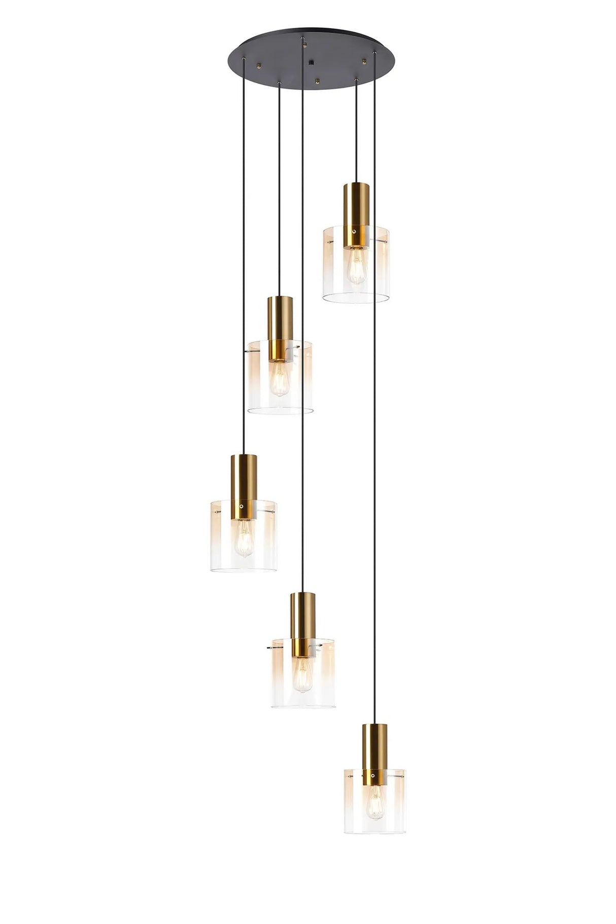 Chisholm 65cm Round Pendant, 5 Light Adjustable E27, Brass/Sand Black/Amber Fade Glass