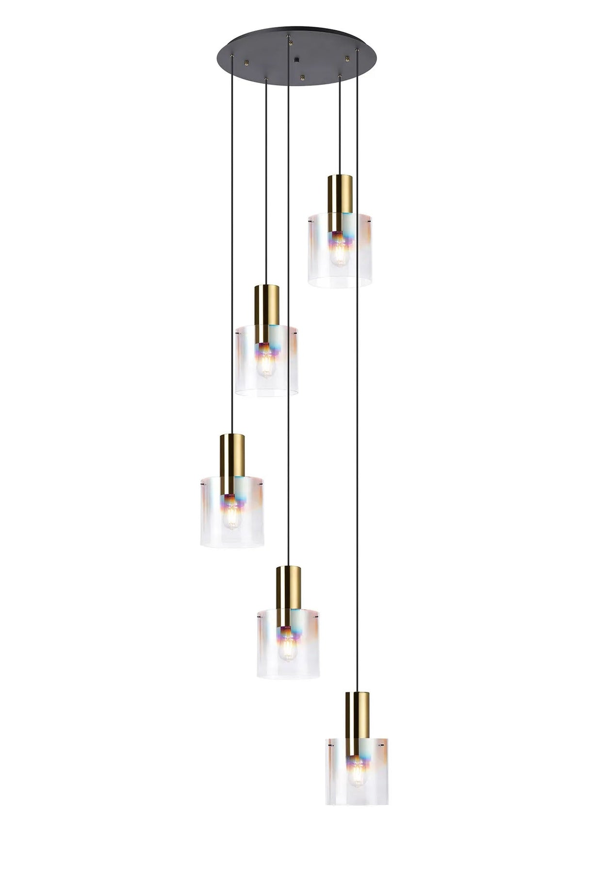 Chisholm 65cm Round Pendant, 5 Light Adjustable E27, Brass/Sand Black/Iridescent Fade Glass