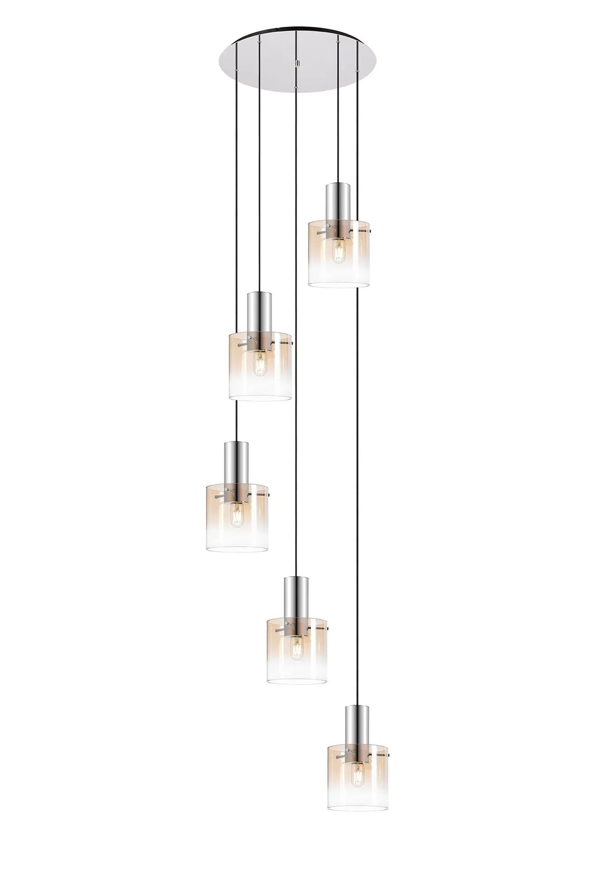 Chisholm Round Pendant, 5 Light E27, Polished Nickel/Black/Amber Fade Glass