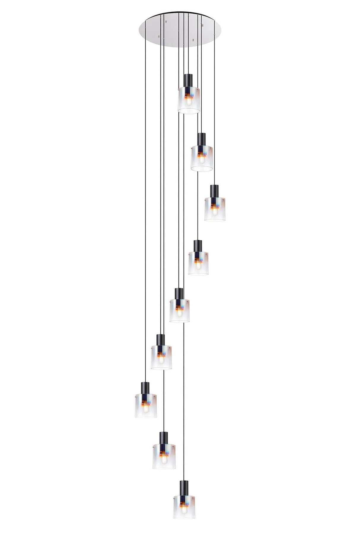 Chisholm 80cm Round Pendant, 9 Light Adjustable E27, Black/Iridescent Fade Glass