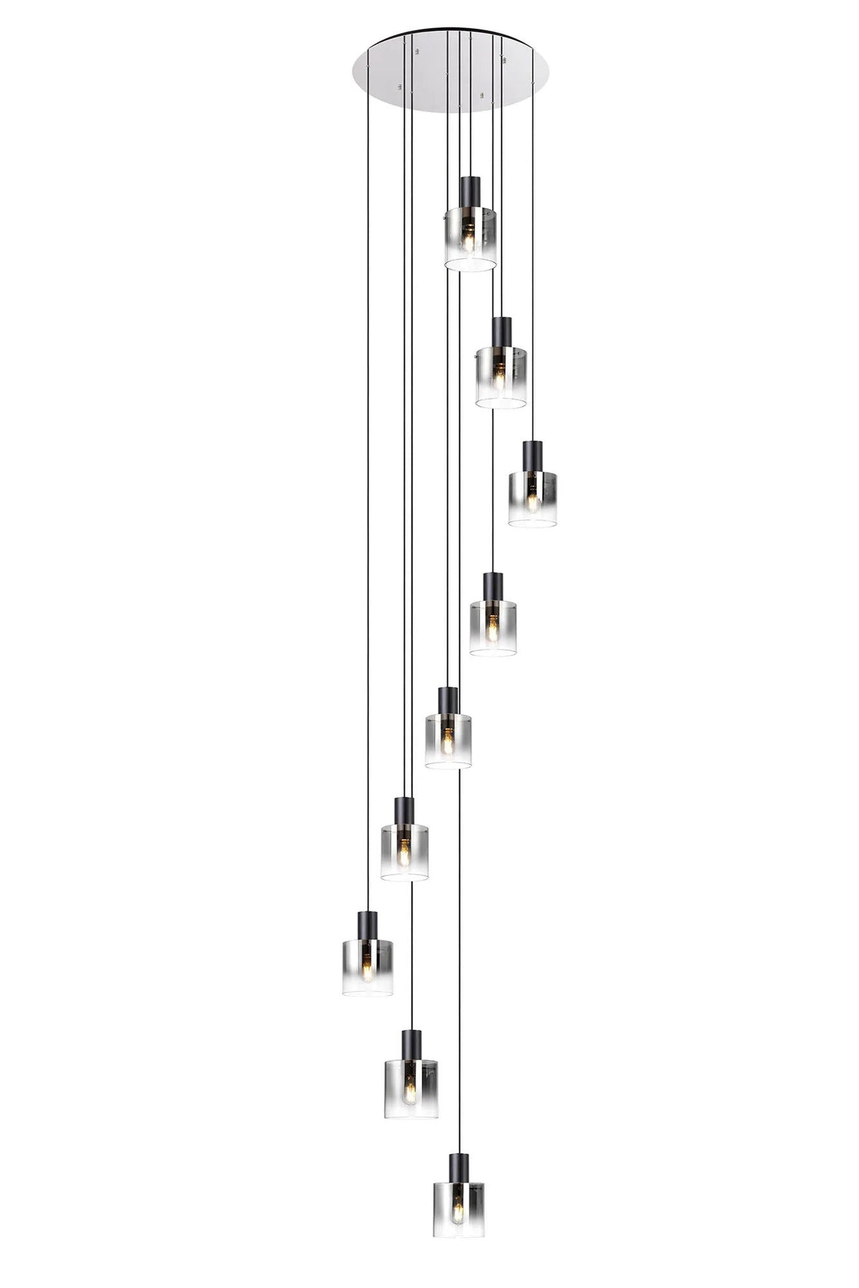 Chisholm 80cm Round Pendant, 9 Light Adjustable E27, Black/Smoke Fade Glass