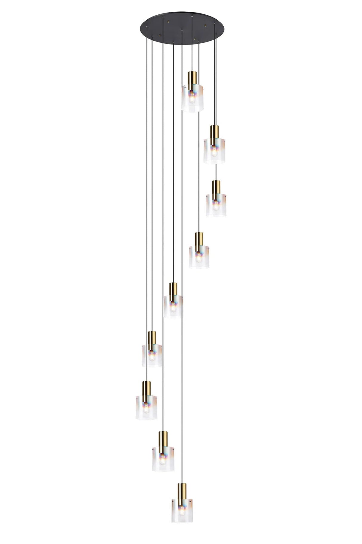 Chisholm 80cm Round Pendant, 9 Light Adjustable E27, Brass/Sand Black/Iridescent Fade Glass Item Weight: 22kg