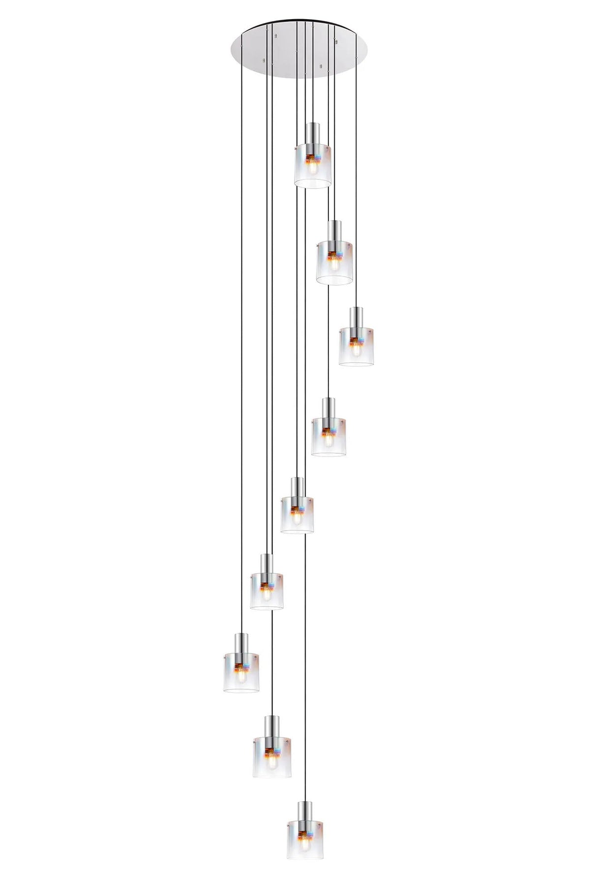 Chisholm Round Pendant, 9 Light E27, Polished Nickel/Black/Iridescent Fade Glass
