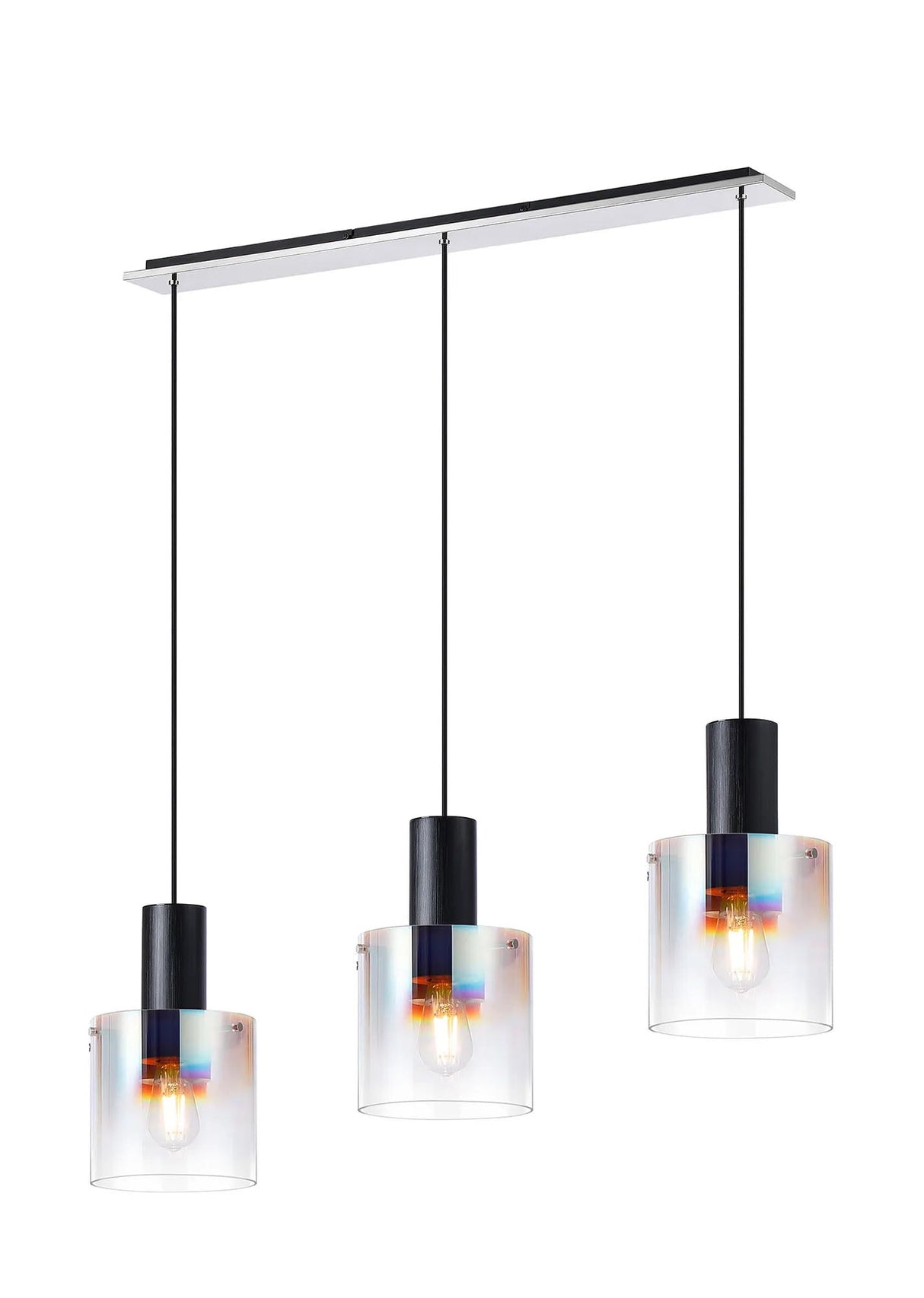 Chisholm Linear Pendant, 3 Light Adjustable E27, Black/Iridescent Fade Glass