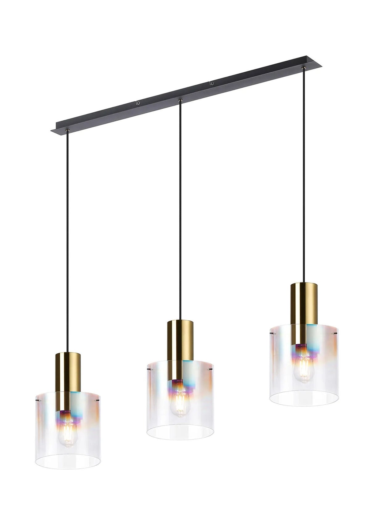 Chisholm Linear Pendant, 3 Light Adjustable E27, Brass/Sand Black/Iridescent Fade Glass