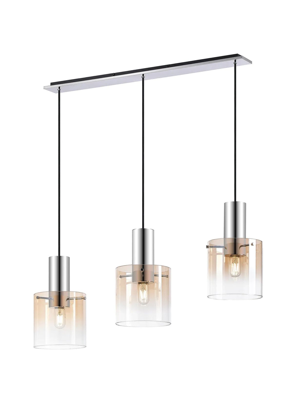 Chisholm Linear Pendant, 3 Light Adjustable E27, Polished Nickel/Black/Amber Fade Glass
