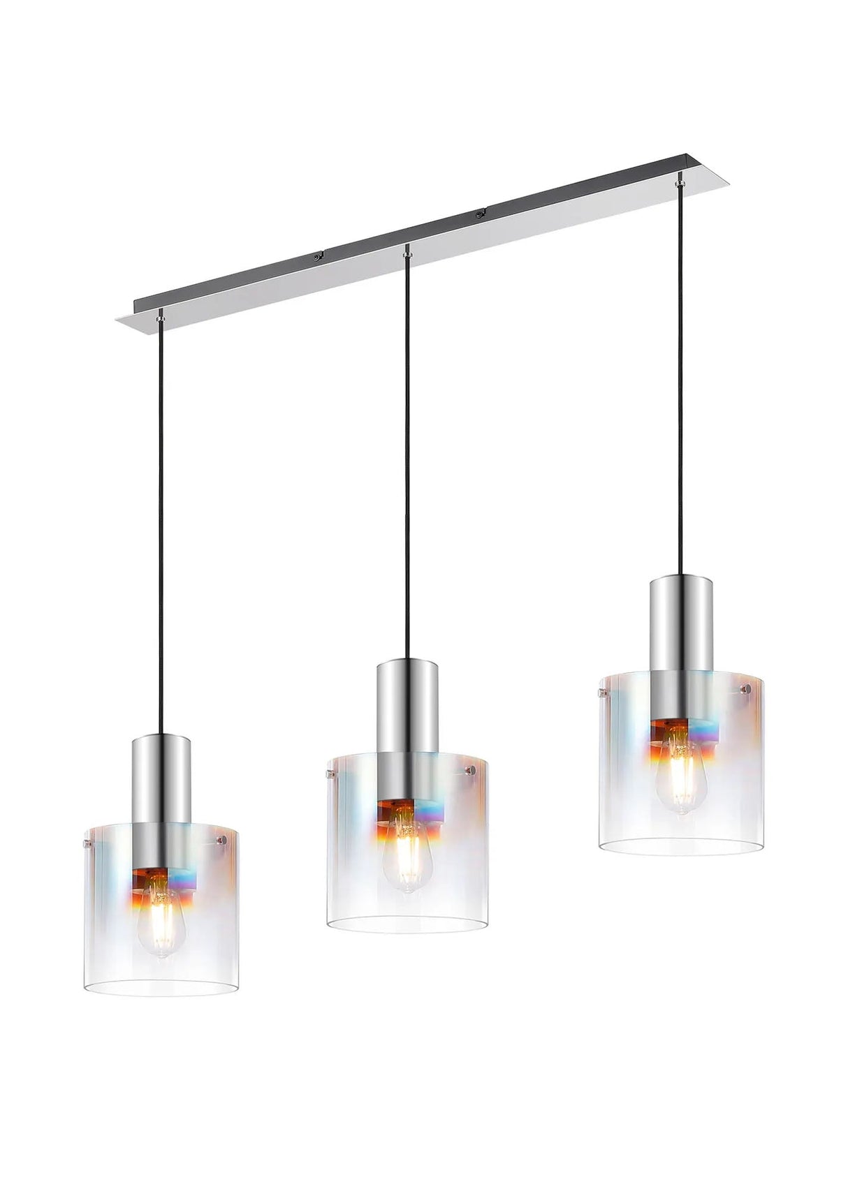 Chisholm Linear Pendant, 3 Light Adjustable E27, Polished Nickel/Black/Iridescent Fade Glass