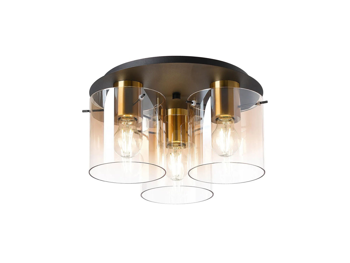 Chisholm 37cm Round Ceiling Flush, 3 Light Flush Fitting, Brass/Sand Black/Amber Fade Glass