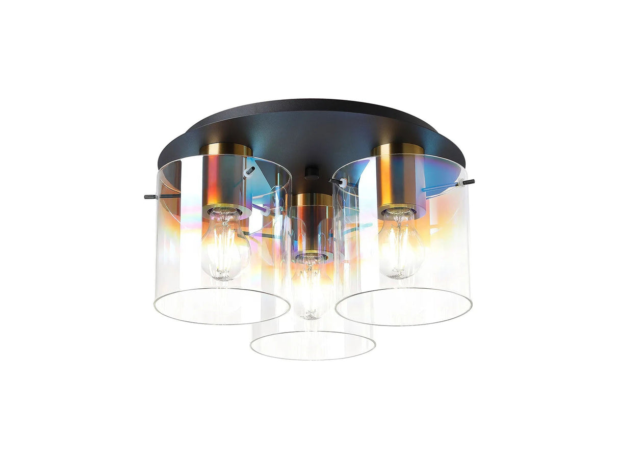 Chisholm 37cm Round Ceiling Flush, 3 Light Flush Fitting, Brass/Sand Black/Iridescent Fade Glass