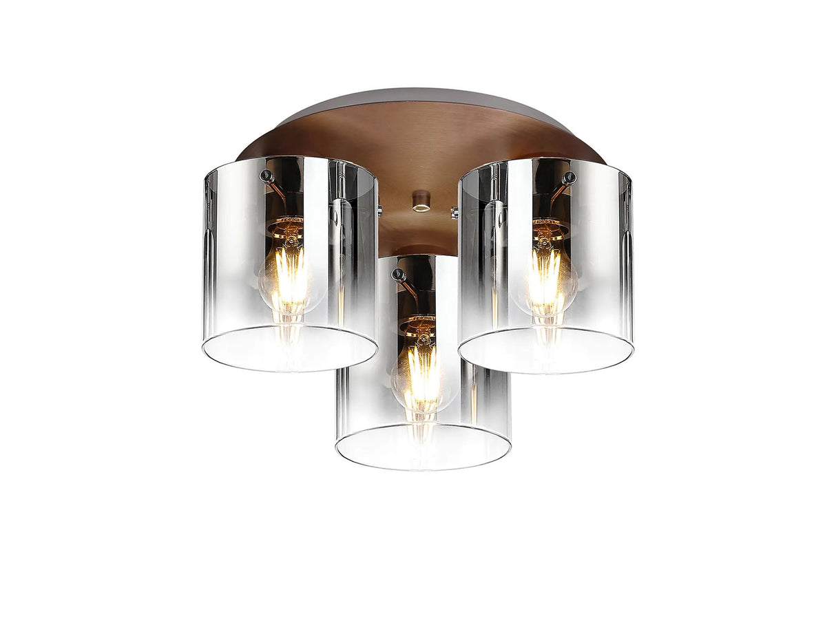 Chisholm Round Ceiling Flush, 3 Light Flush Fitting, Mocha/Smoke Fade Glass