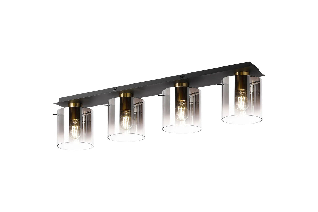 Chisholm Linear Ceiling Flush, 4 Light Flush Fitting, Brass/Sand Black/Smoke Fade Glass