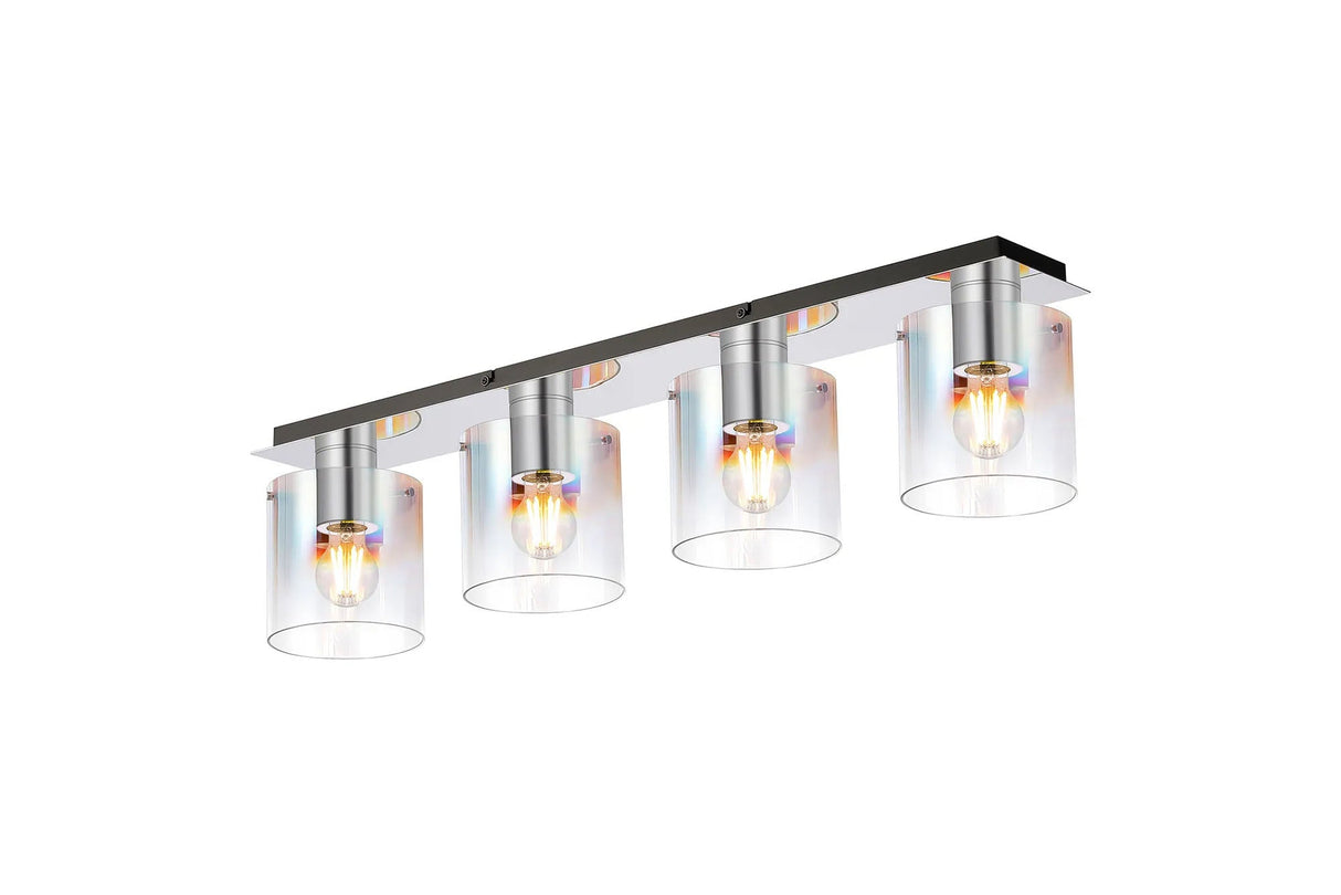 Chisholm Linear Ceiling Flush, 4 Light Flush Fitting, Polished Nickel/Black/Iridescent Fade Glass