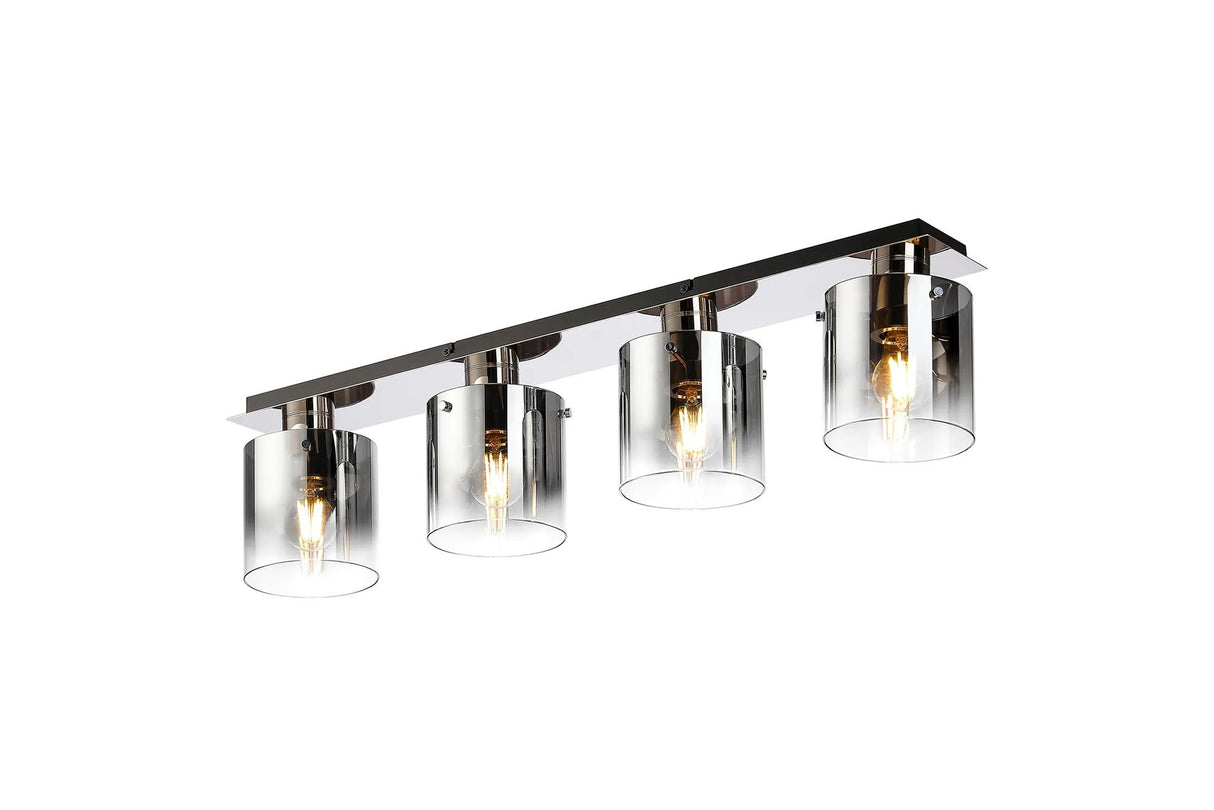 Chisholm Linear Ceiling Flush, 4 Light Flush Fitting, Polished Nickel/Black/Smoke Fade Glass