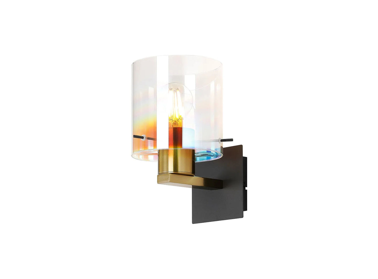 Chisholm Single Switched Wall Lamp, 1 Light, E27, Brass/Sand Black/Iridescent Fade Glass