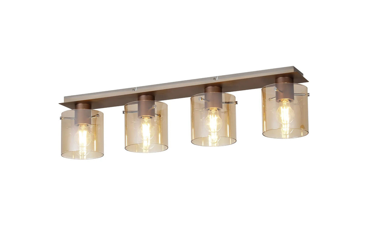 Chisholm Linear Ceiling Flush, 4 Light Flush Fitting, Mocha/Amber Glass