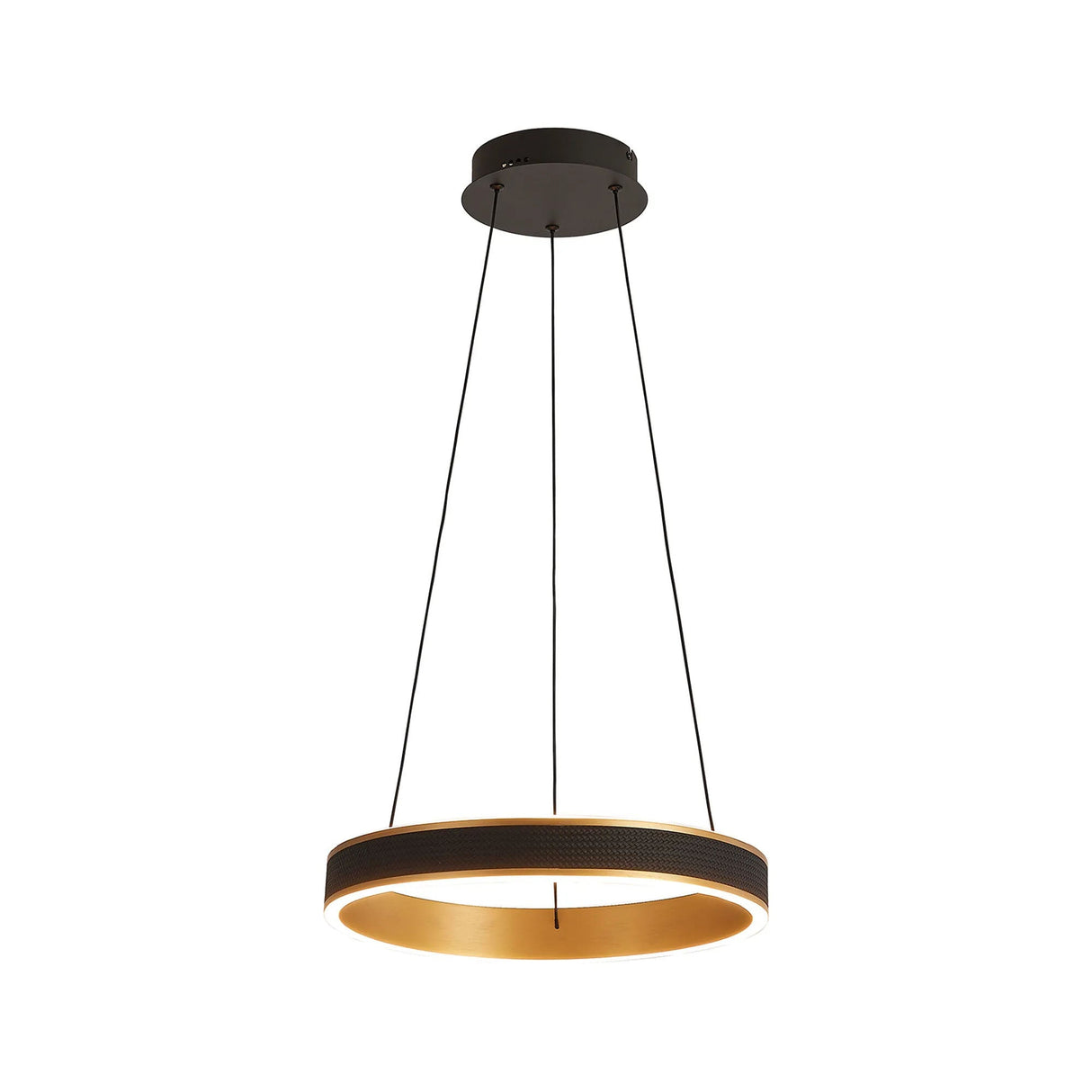 Cirkin 40cm Round Pendant, 36W LED, Remote Control CCT Tuneable White 3000K-6000K, 2200lm, Black Faux Leather/Brushed Gold, 3yrs Warranty