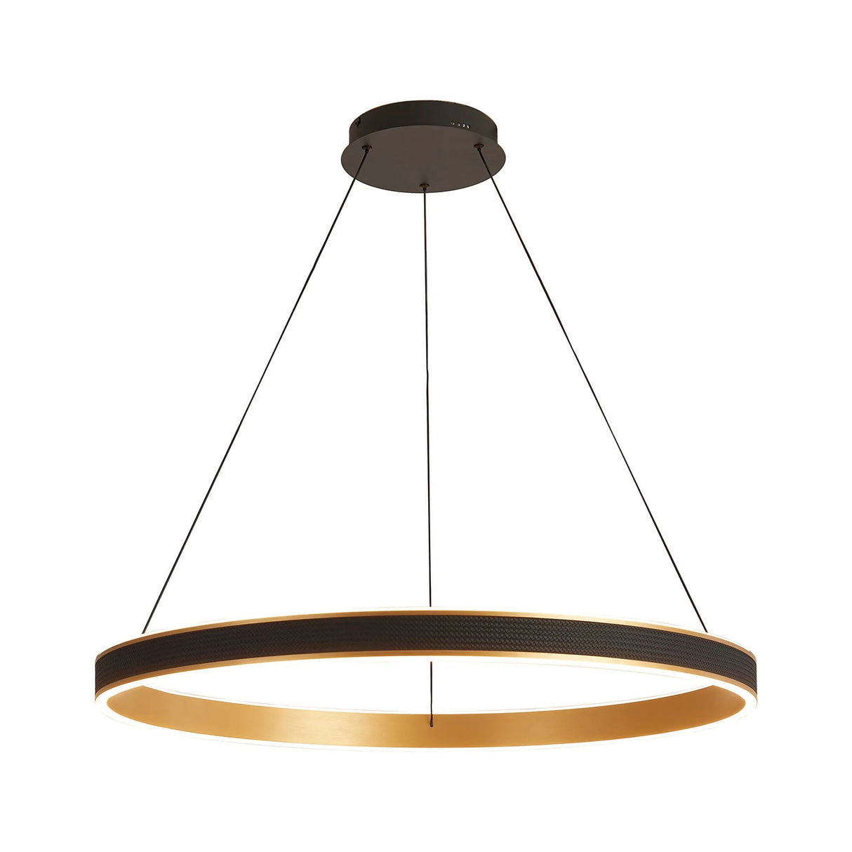 Cirkin 80cm Round Pendant, 70W LED, Remote Control CCT Tuneable White 3000K-6000K, 4200lm, Black Faux Leather/Brushed Gold, 3yrs Warranty