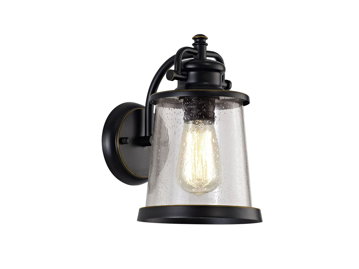 Cooke Wall Lamp, 1 x E27, Black/Gold With Seeded Clear Glass, IP54