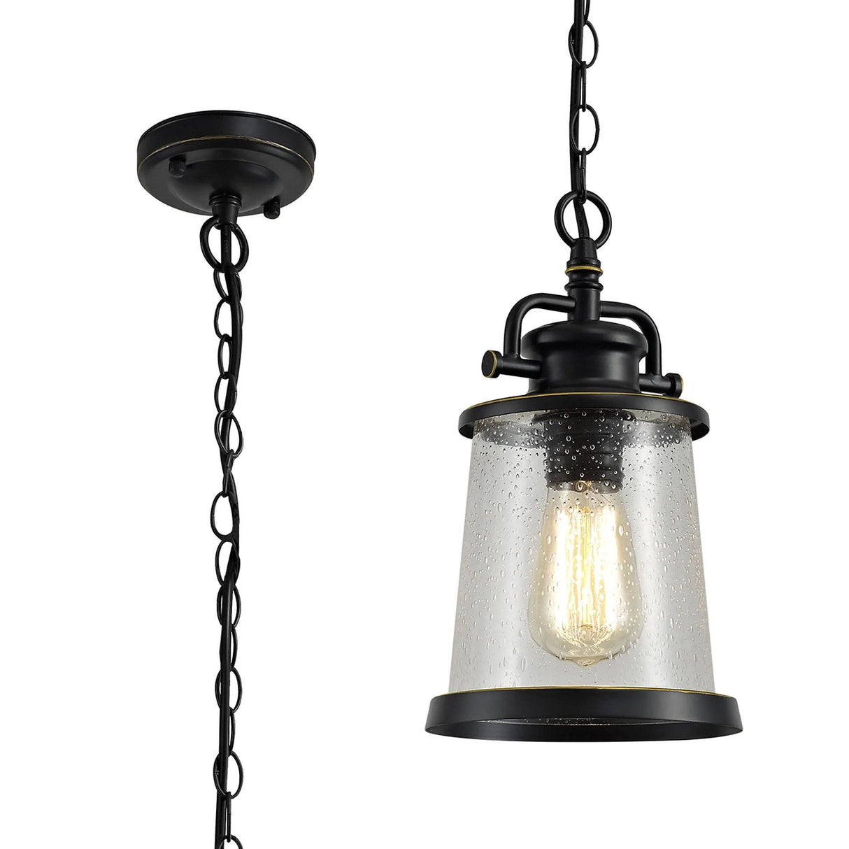 Cooke Pendant, 1 x E27, Black/Gold With Seeded Clear Glass, IP54