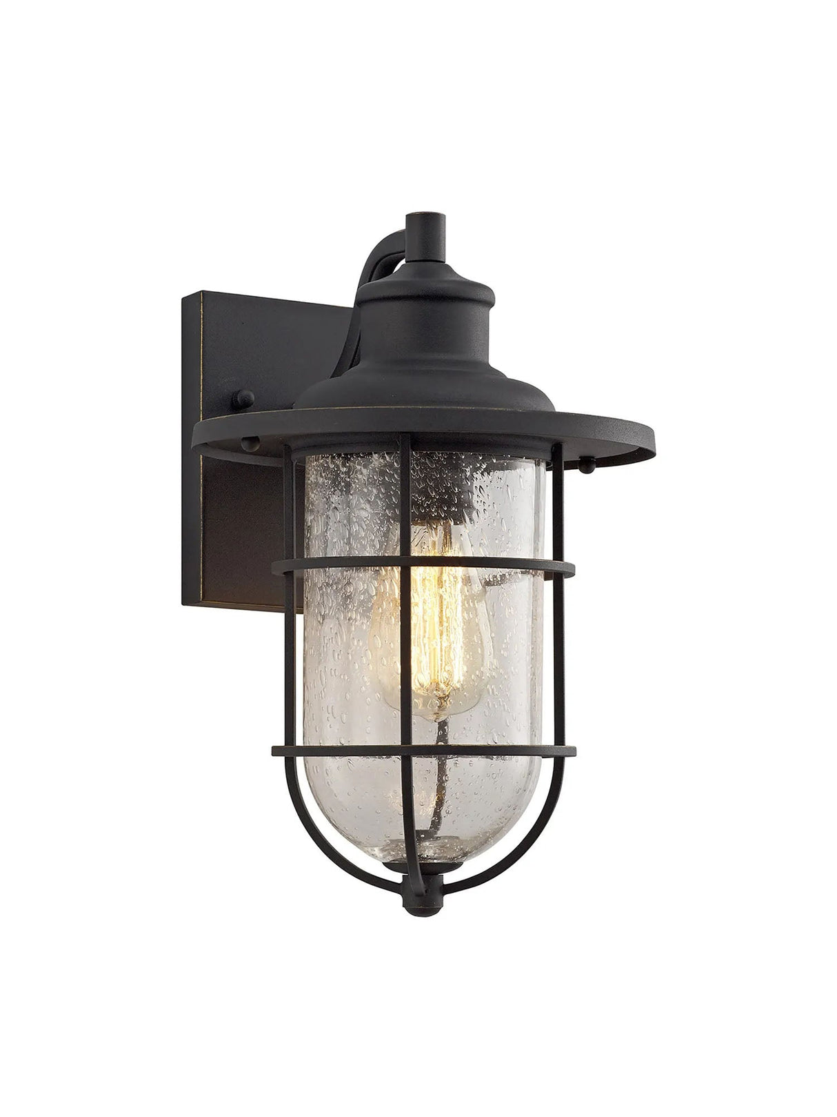 Cox Wall Lamp, 1 x E27, Black/Gold With Seeded Clear Glass, IP54