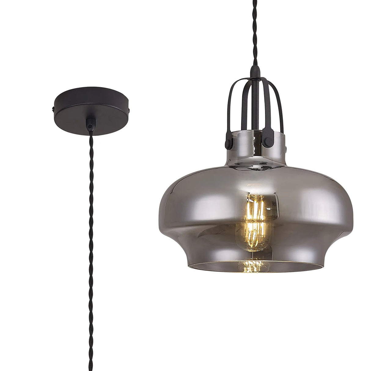 Dack Single Pendant 1 x E27, Satin Black/Smoke Plated Glass