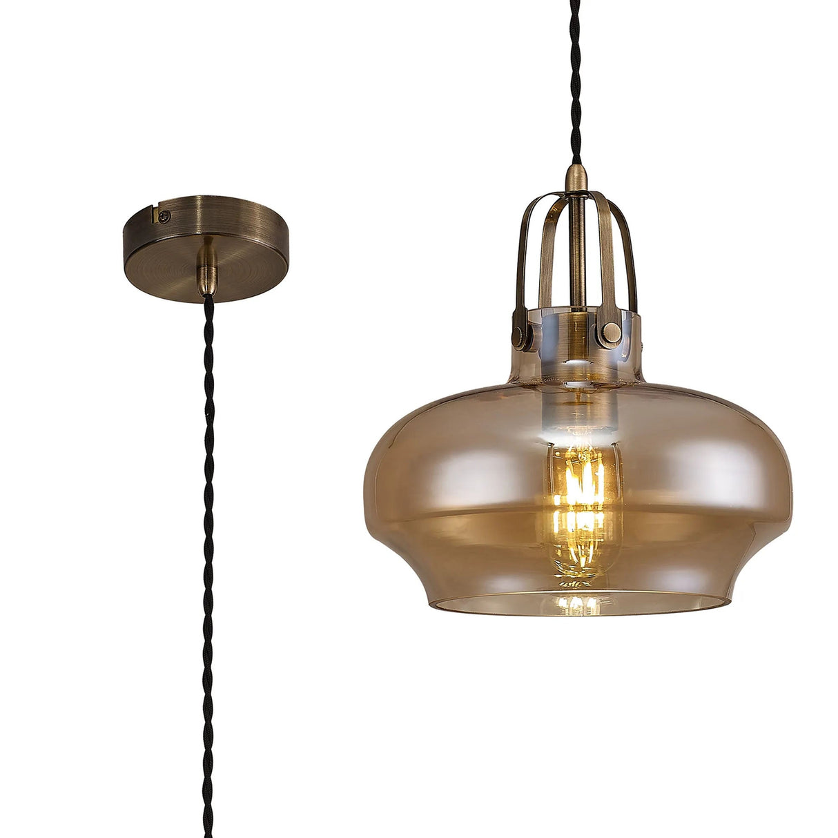 Dack Single Pendant 1 x E27, Antique Brass/Amber Plated Glass