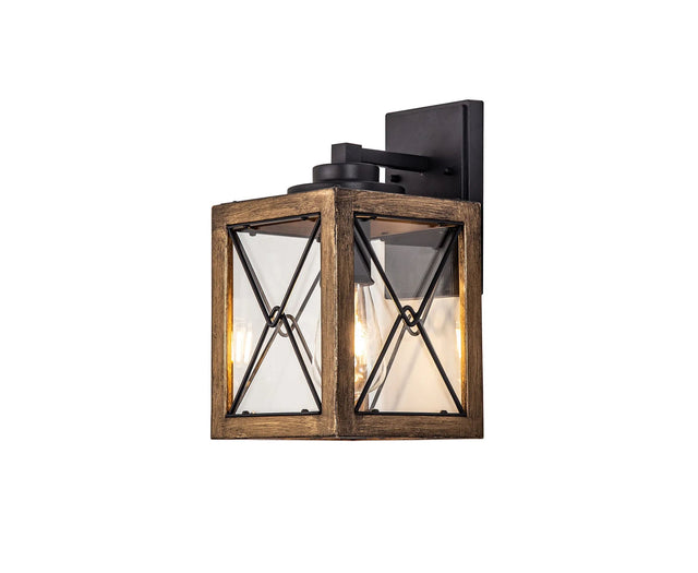 Doyle Small Wall Lamp, 1 x E27, Wood Effect & Black/Clear Glass, IP54