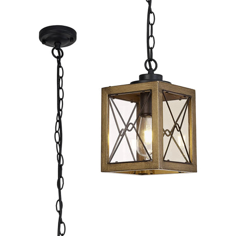 Doyle Pendant, 1 x E27, Wood Effect & Black/Clear Glass, IP54