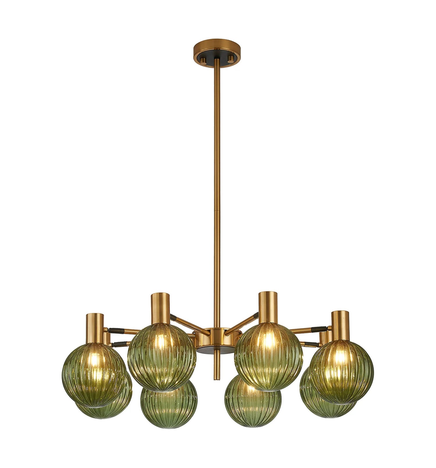 Ekwah Fixed Pendant/Semi Flush Adjustable Arms, 8 Light G9, Brass/Black/Moss Green Glass Shade