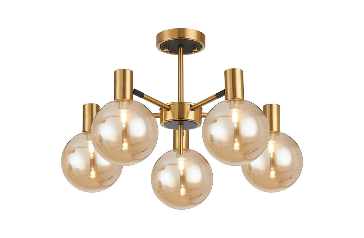 Ekwah Semi Ceiling Adjustable Arms, 5 Light G9, Brass/Black/Amber Glass Shade
