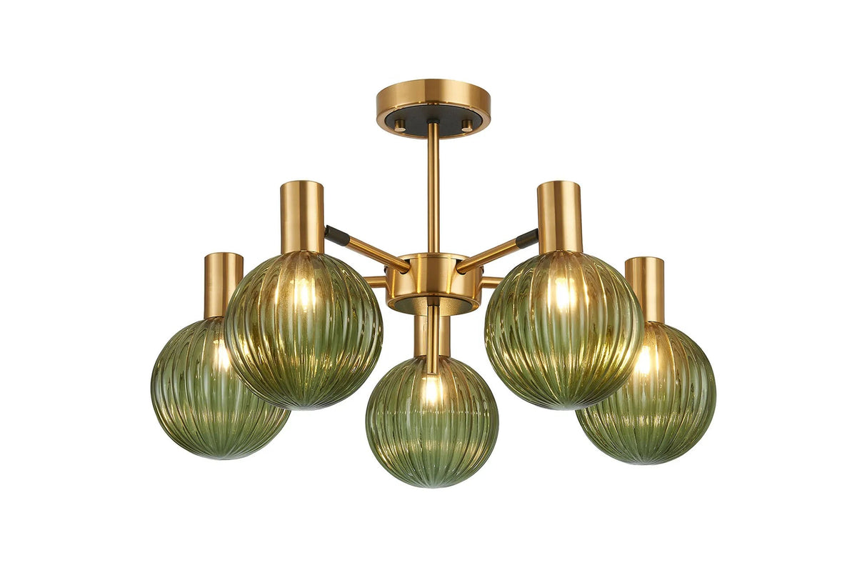 Ekwah Semi Ceiling Adjustable Arms, 5 Light G9, Brass/Black/Moss Green Glass Shade
