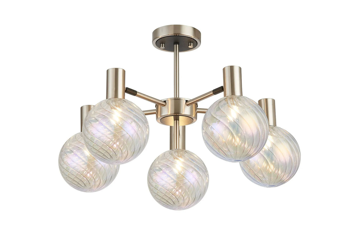 Ekwah Semi Ceiling Adjustable Arms, 5 Light G9, Satin Nickel/Black/7 Colour Iridescent Glass Shade