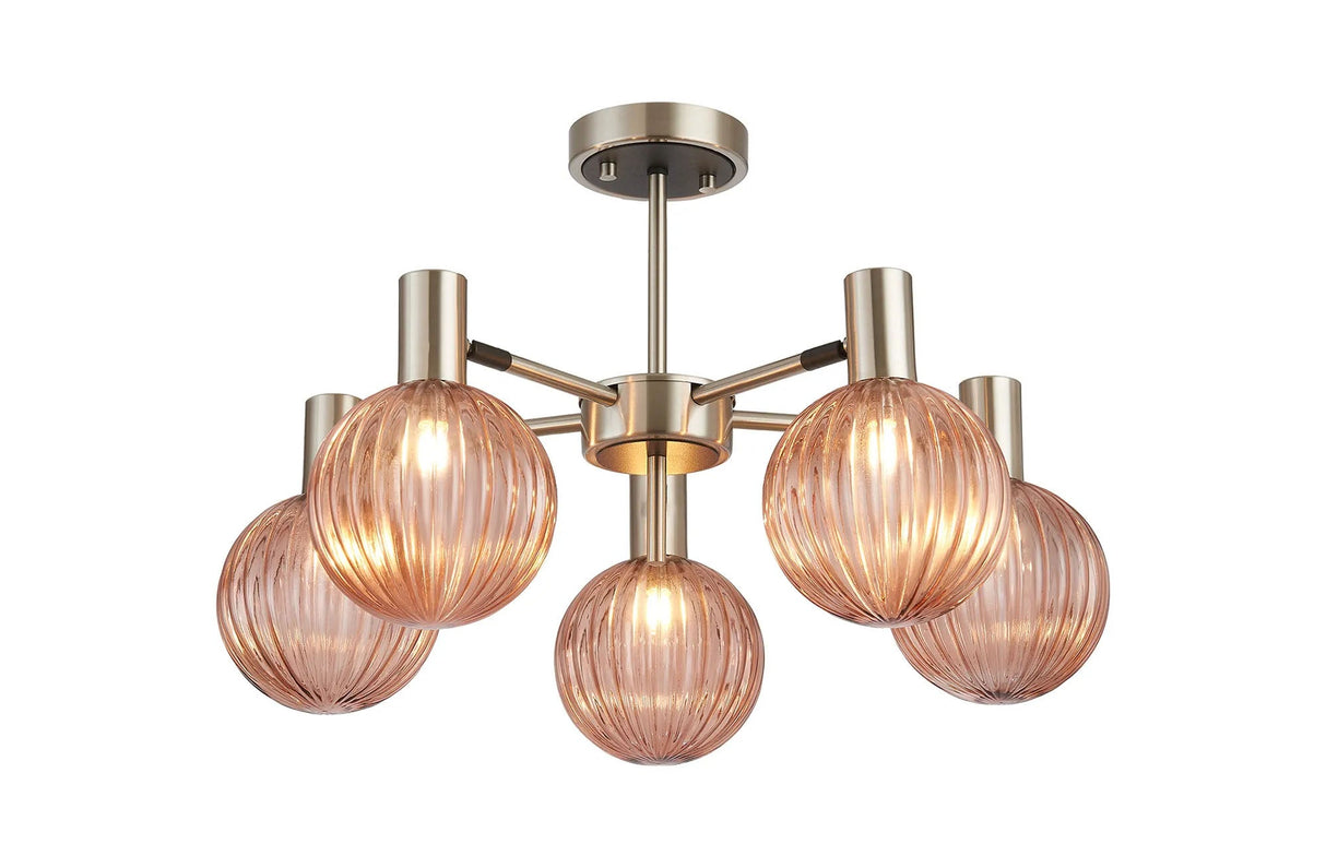 Ekwah Semi Ceiling Adjustable Arms, 5 Light G9, Satin Nickel/Black/Blush Pink Glass Shade
