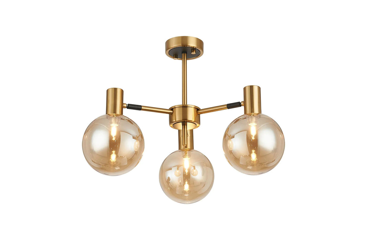 Ekwah Semi Ceiling Adjustable Arms, 3 Light G9, Brass/Black/Amber Glass Shade